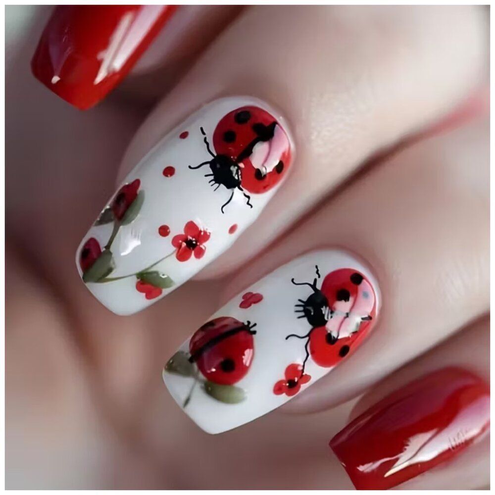 NWT Custom Ballet Mid Length Ladybug Press On Nails Floral 24 Pcs Set